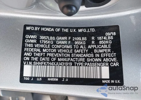 2018 Honda Civic Sport from USA, damaged, VIN SHHFK7H4XJU431919